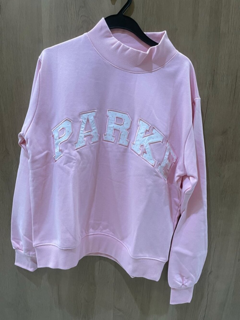 Women’s Parke Pink Mock Neck Casual Pullover Sweatshirt With Varsity Applique